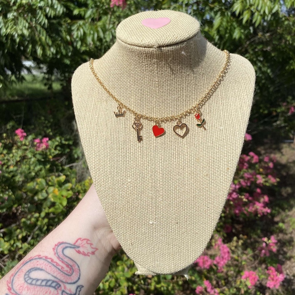 Gold Charm Necklace with Red Accents
